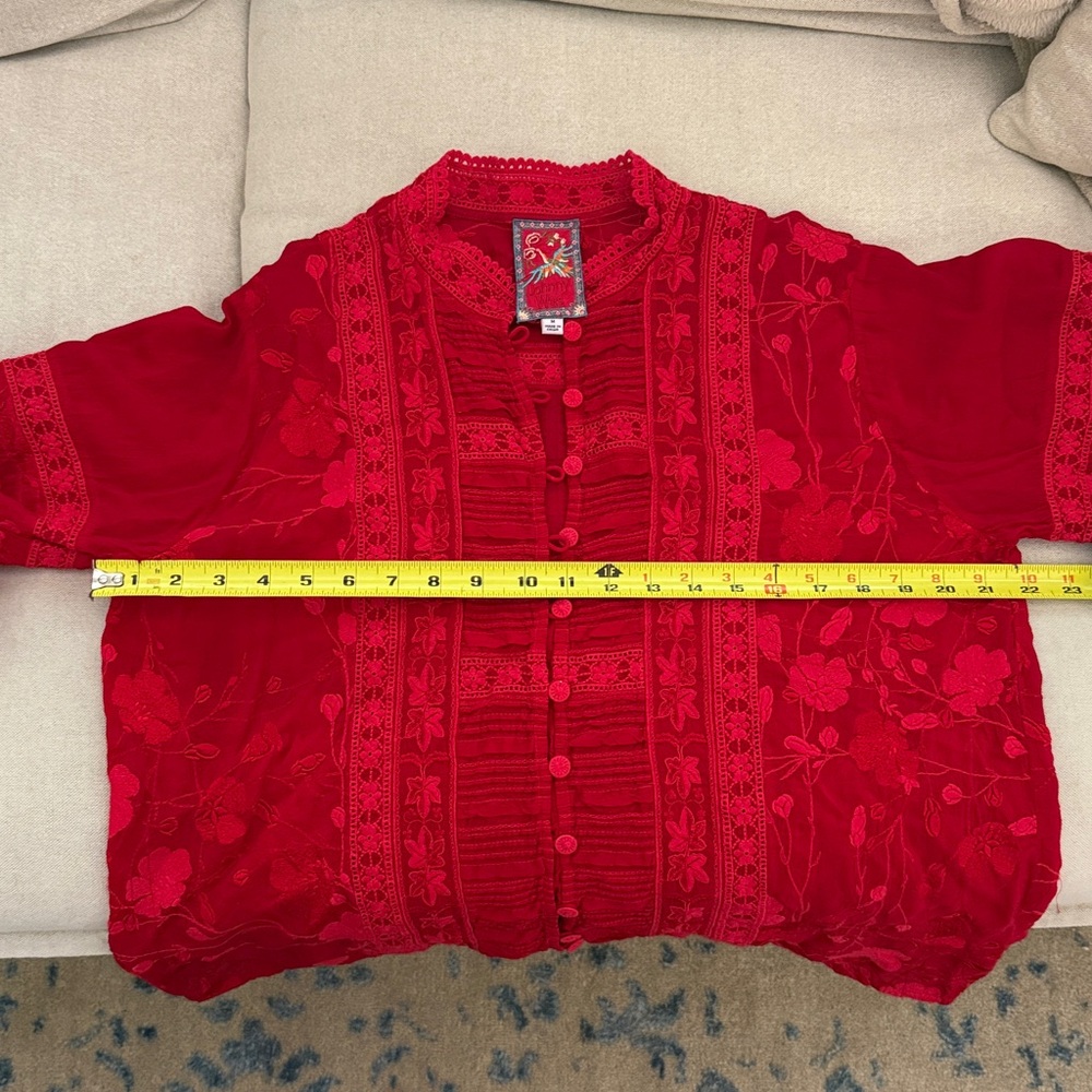 Johnny Was Red Embroidered Ruffle Front Blouse - Picture 8 of 11